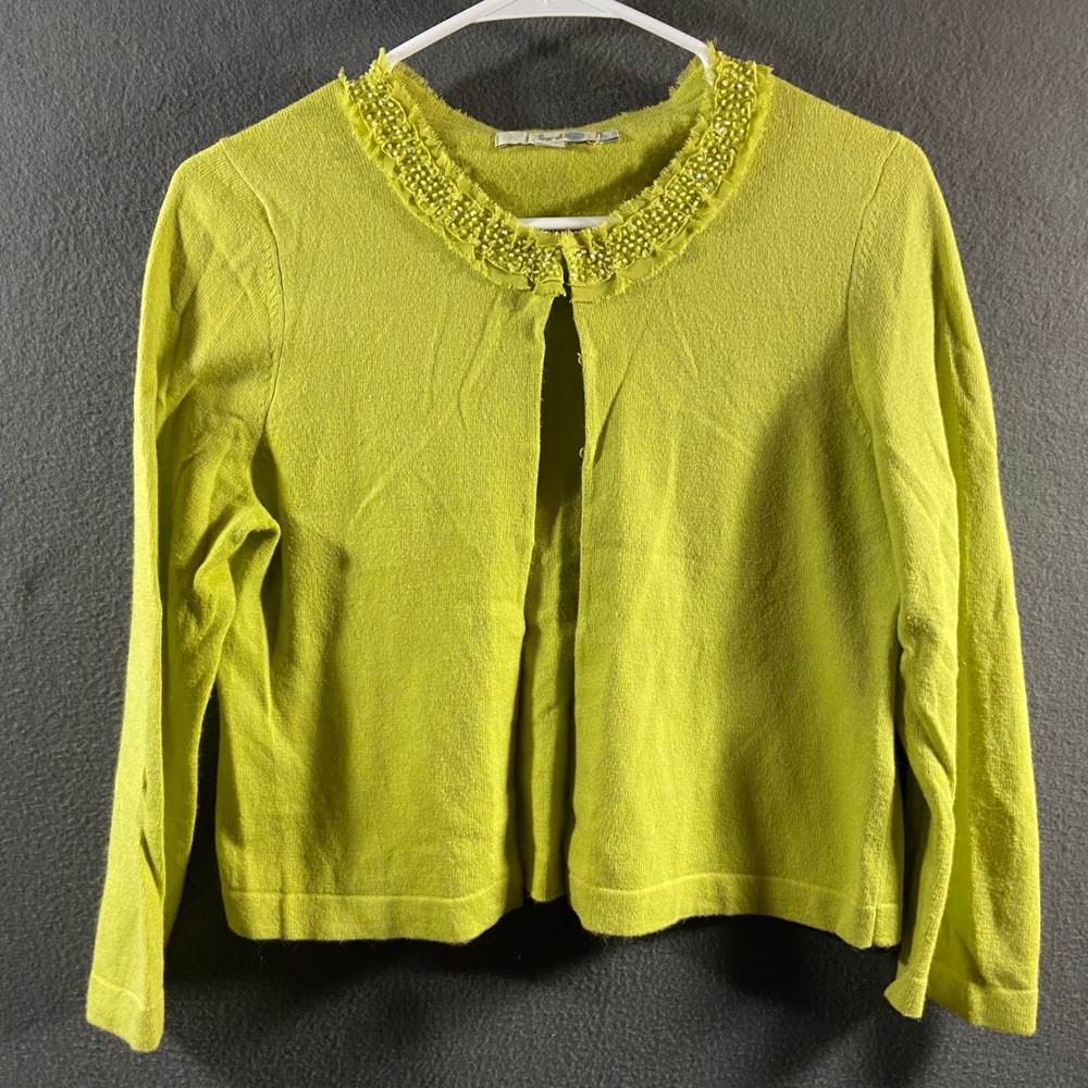 Boden cashmere Cardigan 6 angora Sweater Chartreuse Green Beaded Neck boho